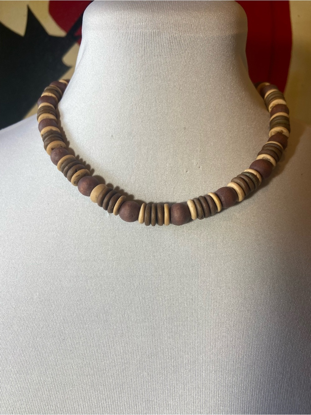 Vintage Handcrafted Wood Bead Necklace in Brown and Tan